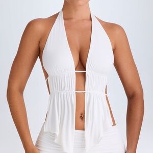 Oh Polly Cut-Out Ruched Halterneck Crop Top in White 2